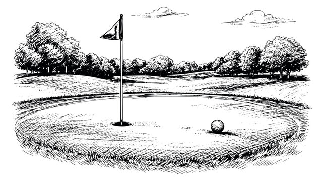 Hand drawn line art illustration of a golf course depicting a green with a flag and ball for sports and recreation