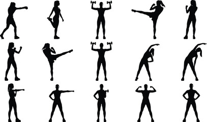 Fitness workout silhouette poses collection, strength training boxing stretching exercises isolated on white background active lifestyle vector illustration set