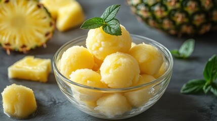 Delicious fresh pineapple sorbet dessert in a clear bowl garnished with mint leaves