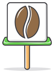 Stylized coffee bean logo on a simple wooden signpost with a green base