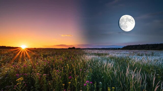 A split-screen landscape showcases day and night. Sunlight illuminates flowers, and the moon rises over fields