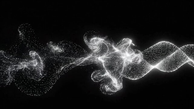 Abstract swirling luminous particles creating a dynamic fluid simulation on a black background.