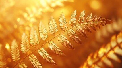 Golden fern frond bathed in warm sunlight, evoking a sense of natural luxury and tranquil beauty