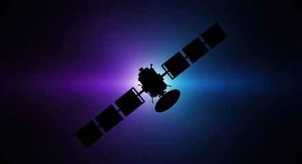 Fototapeta premium Artificial satellite silhouette glows against a deep space background illuminated by purple and blue light