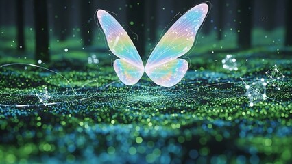 Enchanting glowing butterfly wings in a magical forest with sparkling light particles.