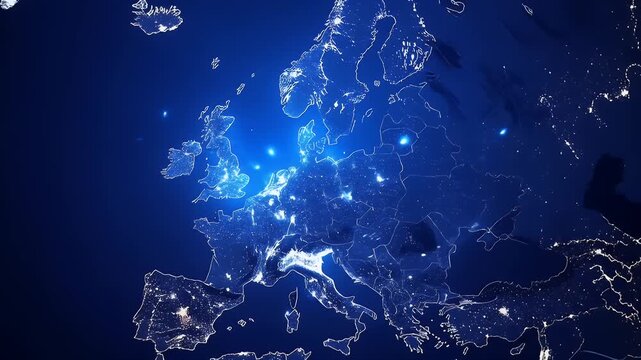 Europe at night illuminated by glowing city lights from space digital map.