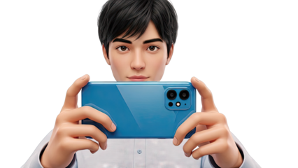 Animated young man holding a blue smartphone