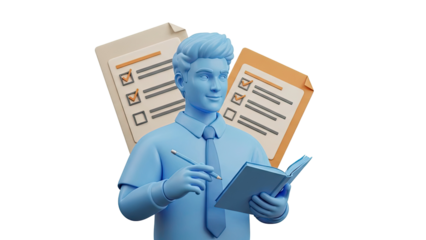 3D Businessman with Checklist and Notebook