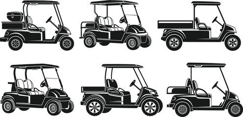 Golf cart vector illustration set, electric buggy silhouettes for sports and utility, transport icons for club car maintenance, golf course vehicle graphics, black silhouettes. © MdAzizulHaque