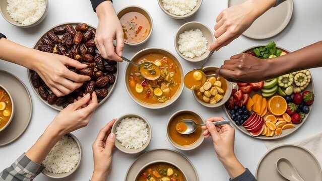 Diverse hands reaching for a shared meal of dates, stew, rice, and fruit platter, highlighting communal dining and abundance.