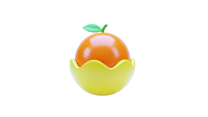 3D Render of an Orange in a Yellow Egg Cup with a Green Leaf