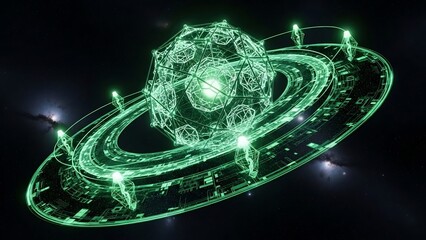 Futuristic Green Holographic Planet with Rings and Glowing Orbs.