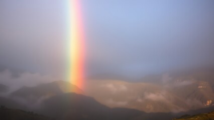 crescendo. A vibrant rainbow arching over a misty valley after rainfall. travel magazines, destination branding, designed for outdoor magazines and nature guides, used by financial analysts.
