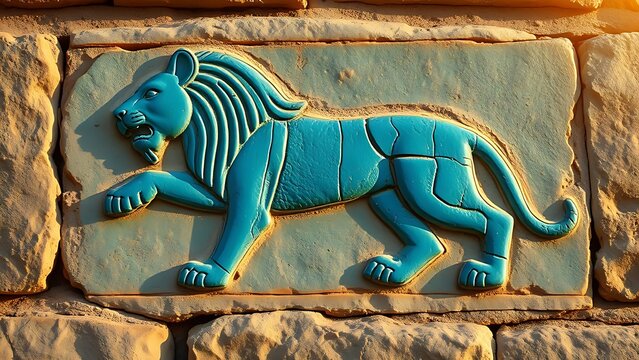 babylonian. Ancient Babylonian wall fragment with a blue glazed brick lion relief. event programs, museum guides, designed for cultural heritage projects and event programs, preserves heritage.