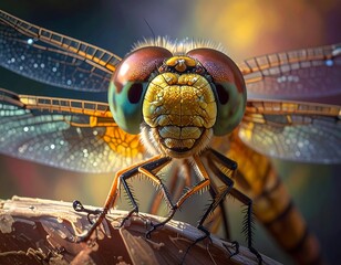 A close-up view of a dragonfly with large compound eyes, intricate wings, and a textured body, perched on a twig