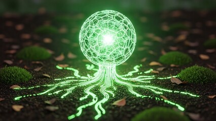 Glowing Green Orb with Roots in a Mystical Forest Setting.