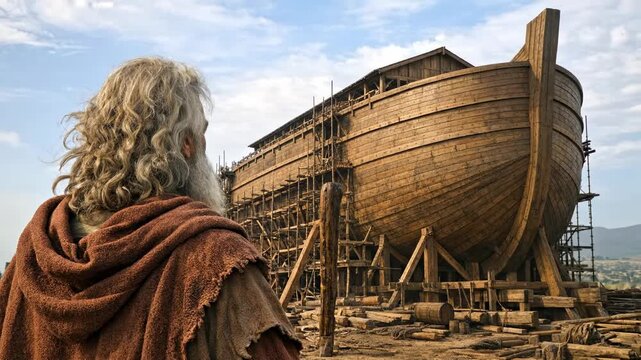Rear view of Noah looking at the construction of the Ark, preparation for the Great Flood.