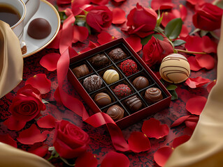 赤いバラとリボンに囲まれた高級チョコレートのバレンタインギフト