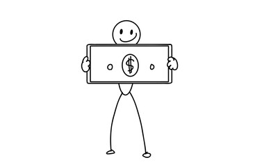 Happy Stick Figure Holding Money &ndash; Dollar Bill Hand Drawn Vector