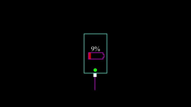 fast charging .Abstract sign of the neon mobail phone battery charging on the black screen background.