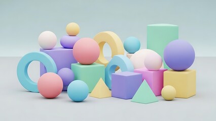 Pastel colored geometric shapes and spheres on blocks colorful arrangement