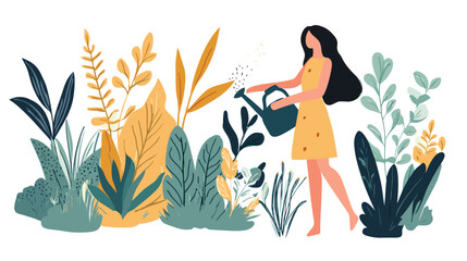 Woman Watering Plants with Green Thumb.