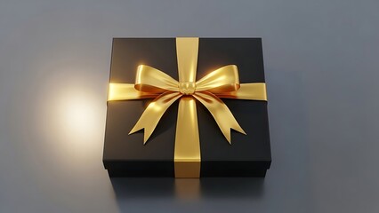 Black gift box with gold ribbon and bow on gray background, luxury present