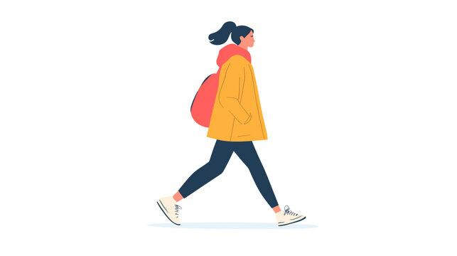 Woman walking with backpack and yellow jacket.