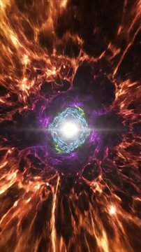 万華鏡のような模様とエーテルのような光が輝く宇宙エネルギーの渦の中を高速移動する抽象的な旅