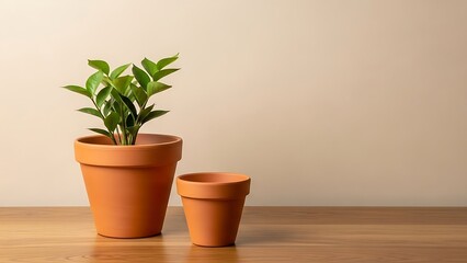 Two terracotta pots on wooden table one with green plant leaves