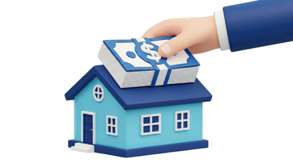 Hand Placing Stack of Money on Blue House Roof