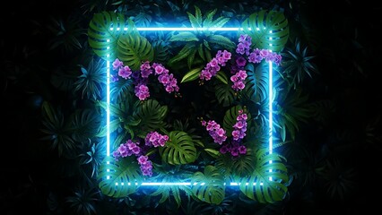 Neon blue square frame with green leaves and purple flowers on black background, glowing border, tropical plants
