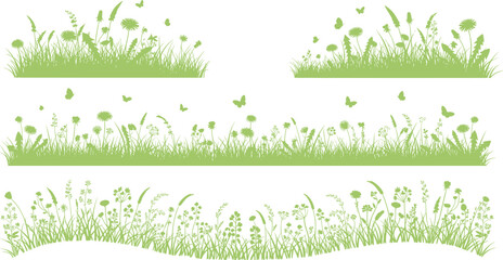 Obraz premium Green meadow grass silhouettes vector set with wildflowers butterflies and plants isolated on white background for nature design use projects