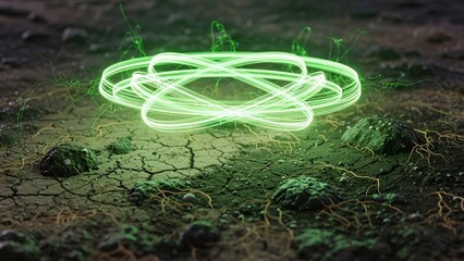 Vibrant Green Light Trails Swirling Above Cracked Earth in a Mystical Outdoor Setting.