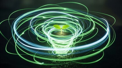 Vibrant Green Light Trails Swirling Around a Young Plant Sprout on a Dark Background, Symbolizing Growth and Energy.