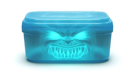 Glowing blue plastic container with monster face design