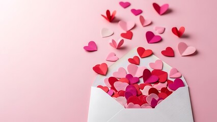 White envelope filled with pink and red paper hearts on pink background, Valentine's Day concept