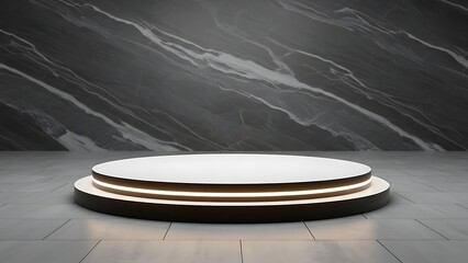 White circular podium with backlight on gray marble background circle