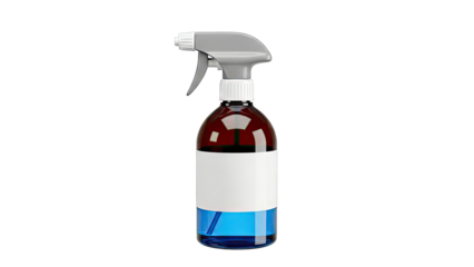 Amber Spray Bottle with Blue Liquid and White Label