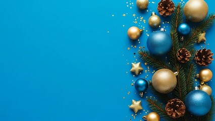 Blue and gold Christmas ornaments on pine branches with pinecones and glitter on blue background