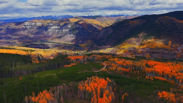 Minturn Red Cliff Gilman Vail Mount of the Holy Cross Wilderness Sawatch Gore Range aerial drone Fall Autumn sun cloudy morning Rocky Mountains Colorado colorful Aspen trees windy dirt road backwards