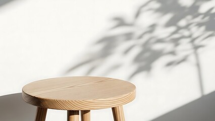 Light wood stool with plant shadow on white wall, modern home decor
