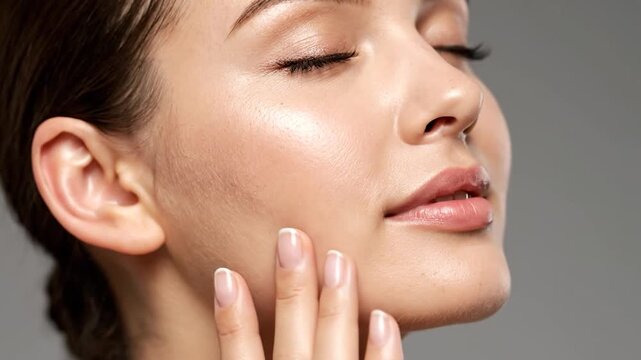 Close-up of a woman's face with eyes closed, one hand touching her cheek