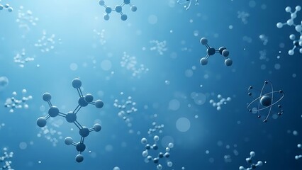 Blue molecular structures and atoms floating in water with bokeh effect