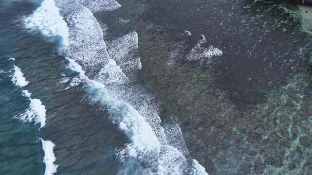 Dramatic aerial drone shot of powerful South Pacific waves crashing against the rugged volcanic shoreline of Samoa, creating beautiful patterns of white foam and surf.