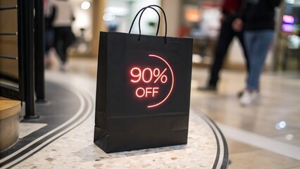 Black shopping bag with glowing 90 percent off sale sign