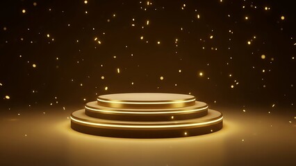 Golden podium with lights on dark background stage with particles