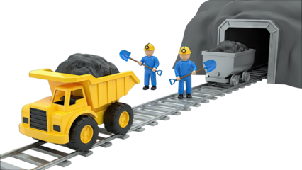 Cartoon miners with coal truck and mine cart