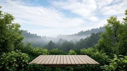Serene wooden deck in lush forest with foggy hillside and blue sky
