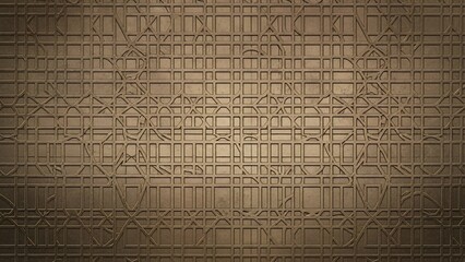 Obraz premium Intricate geometric pattern in a warm, metallic bronze finish, featuring interlocking squares and curves for a luxurious textured background.